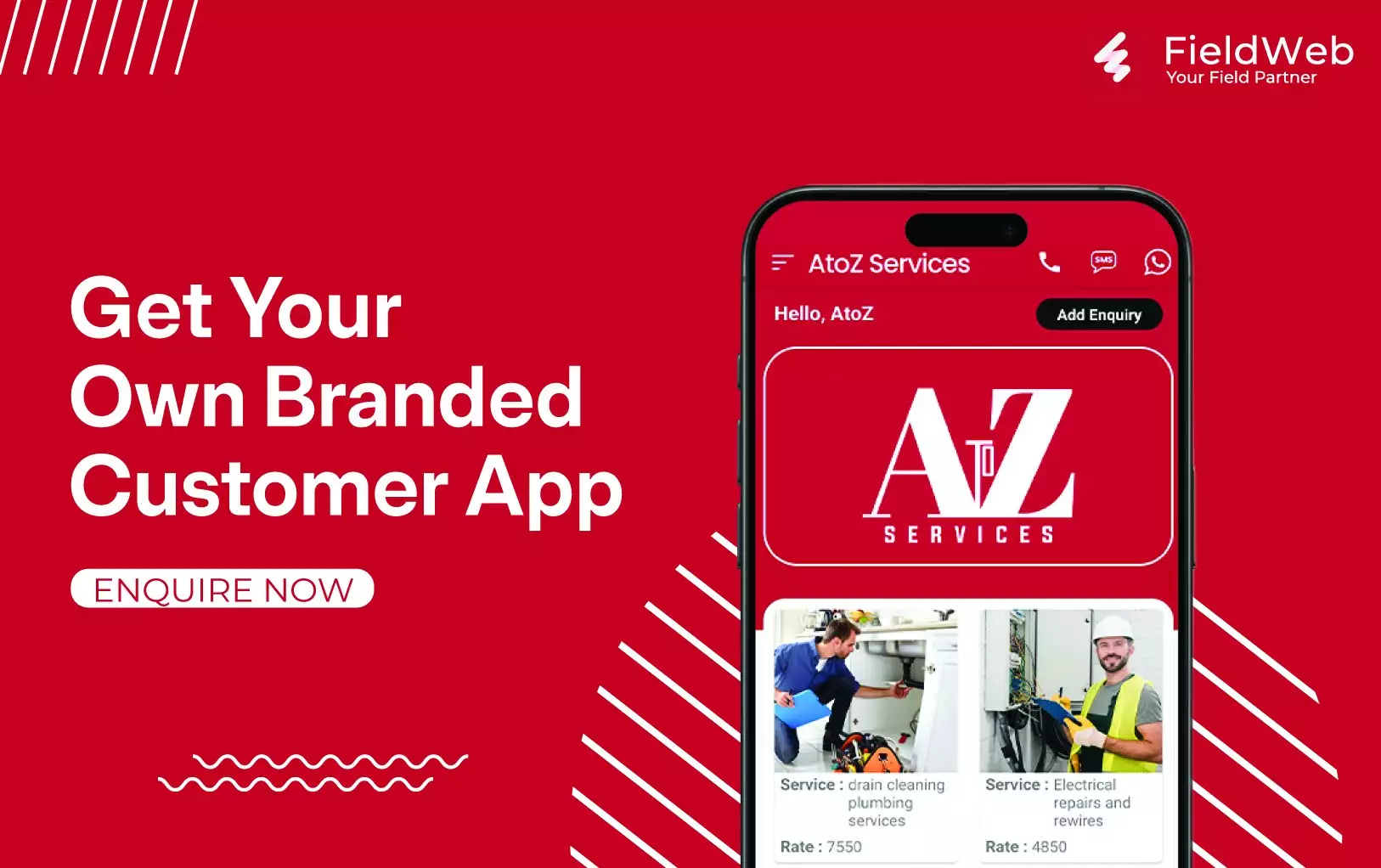 The image shows an iPhone displaying the A to Z Customer app where several technicians are offering various services to customers.