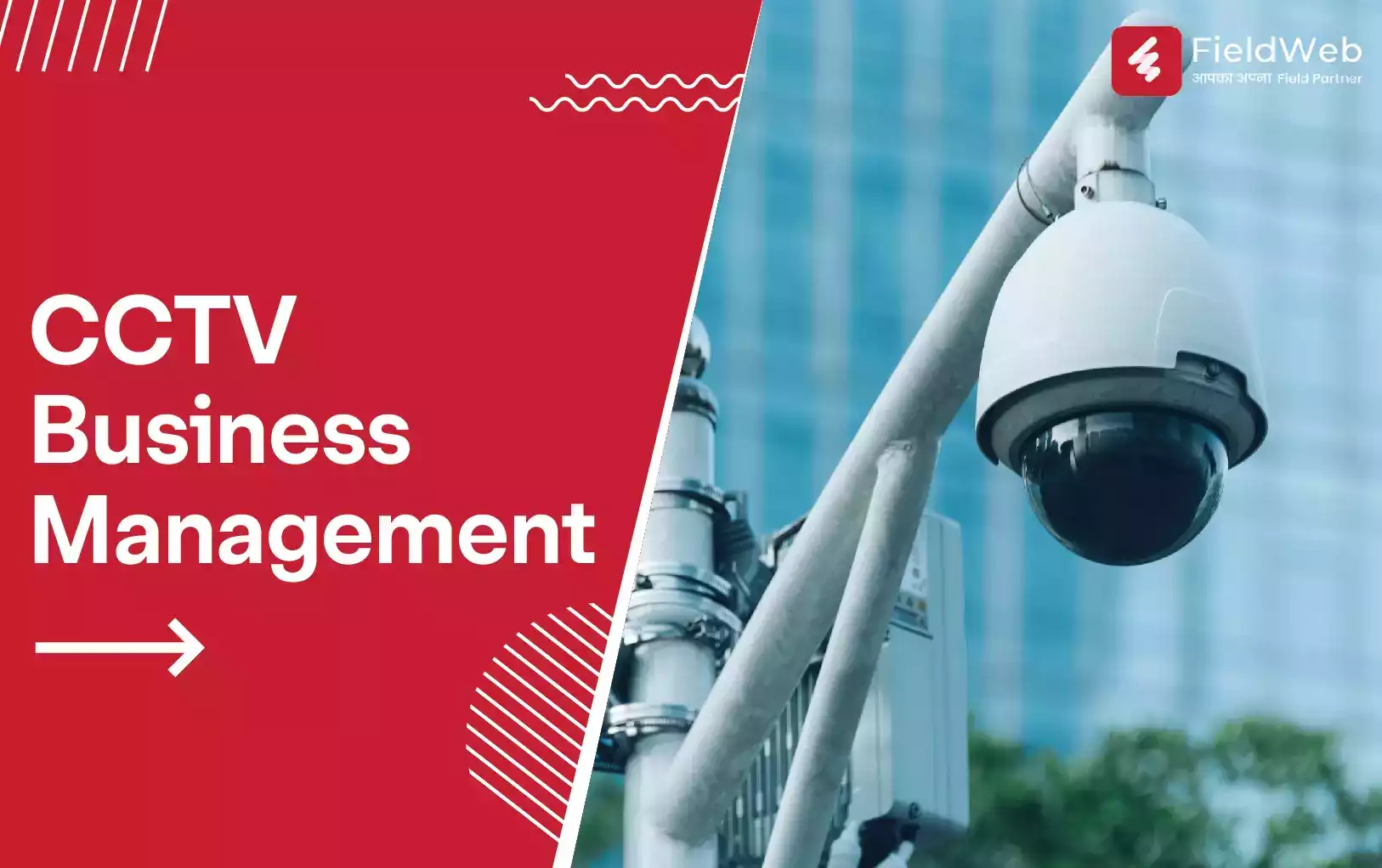 An image shows high-quality CCTV cameras kept aside & the other half of the image is on a red background with white text about the camera's features.