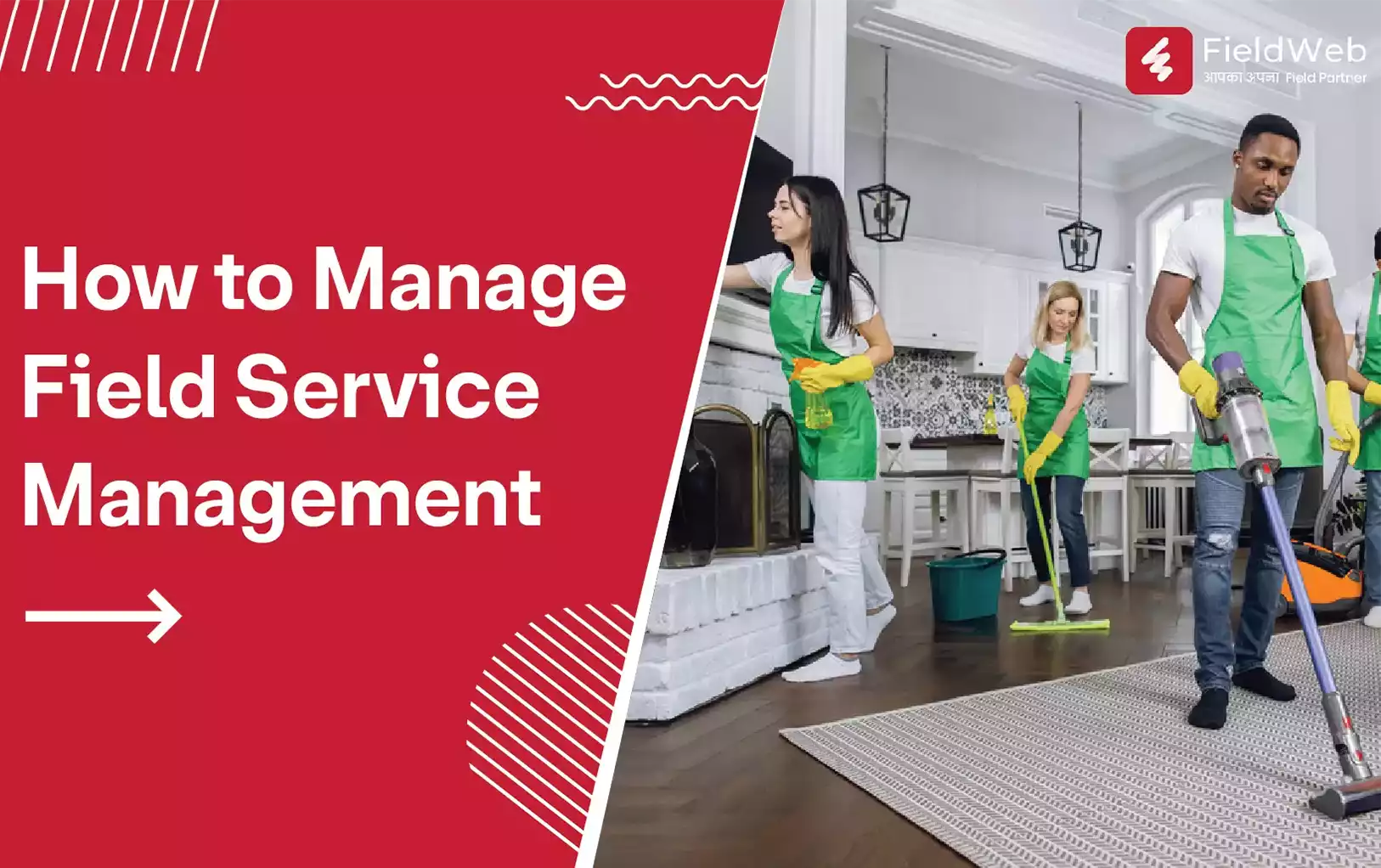 The image shows male and female technicians in green aprons providing cleaning services, working efficiently and professionally together 