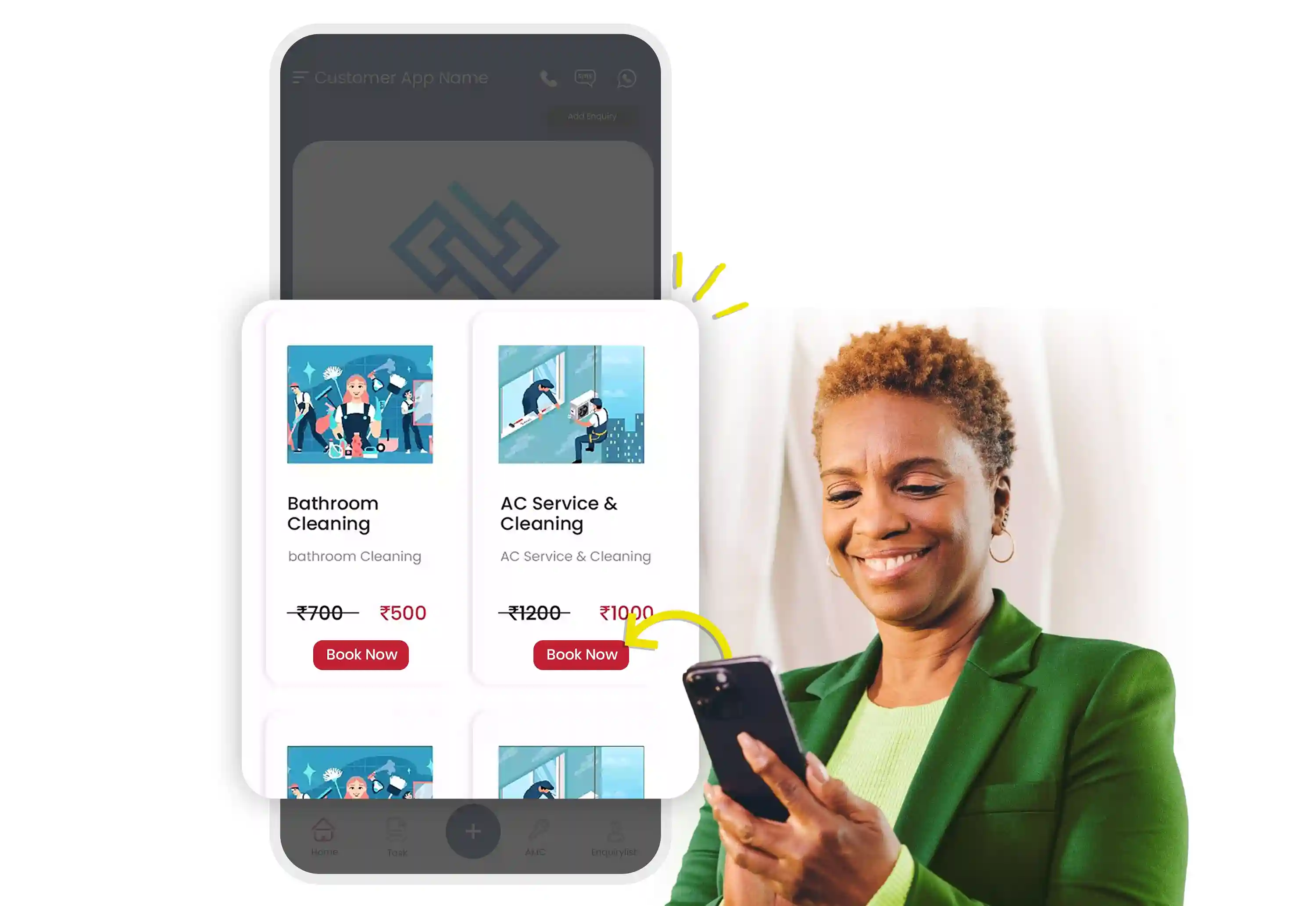A customer service app catalog featuring a prominent logo and various service images with discounted prices.
